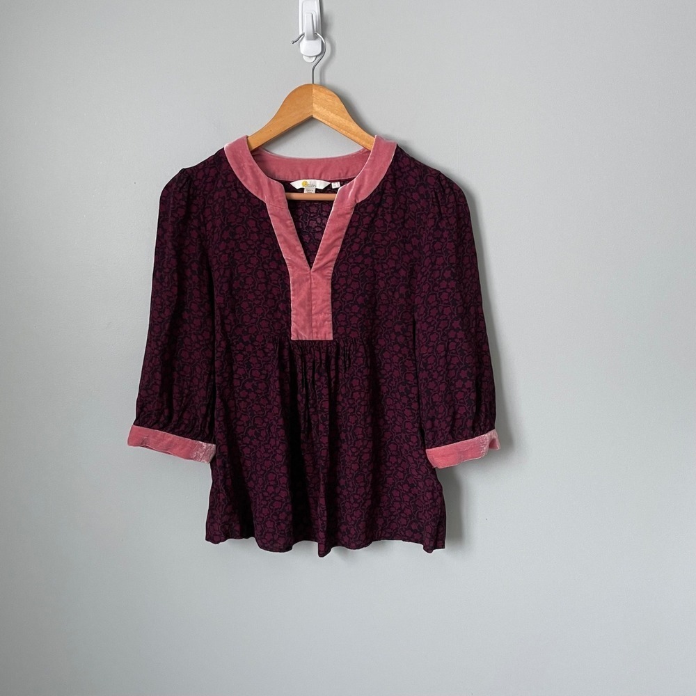 Boden Burgundy Floral Velvet Trim V Neck Tunic Top 3/4 Sleeve Size Women's 2